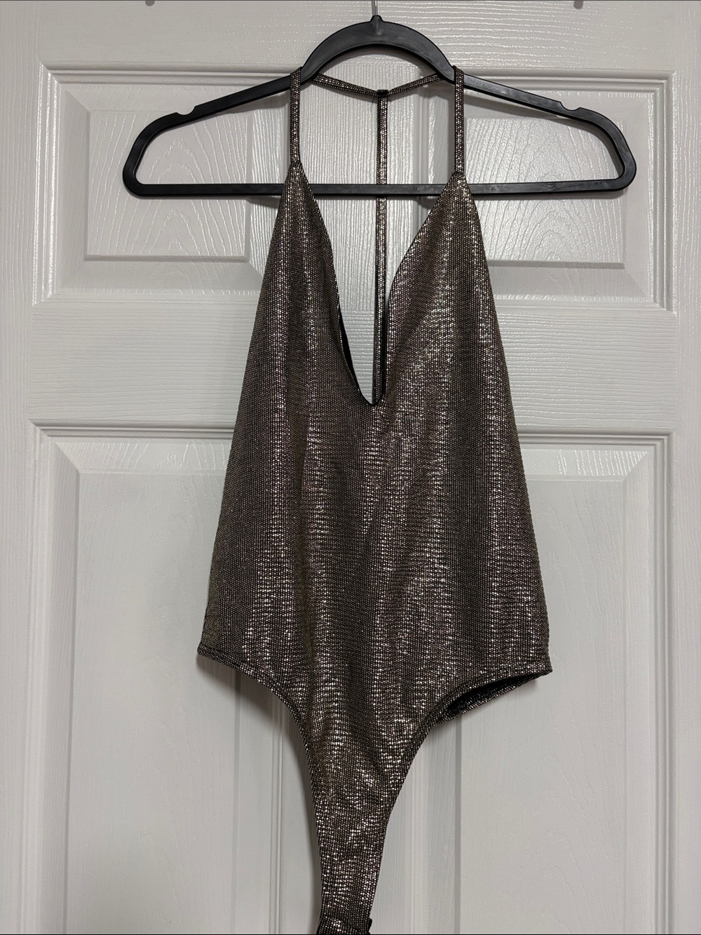 Solemio Shimmery Metallic Halter Bodysuit